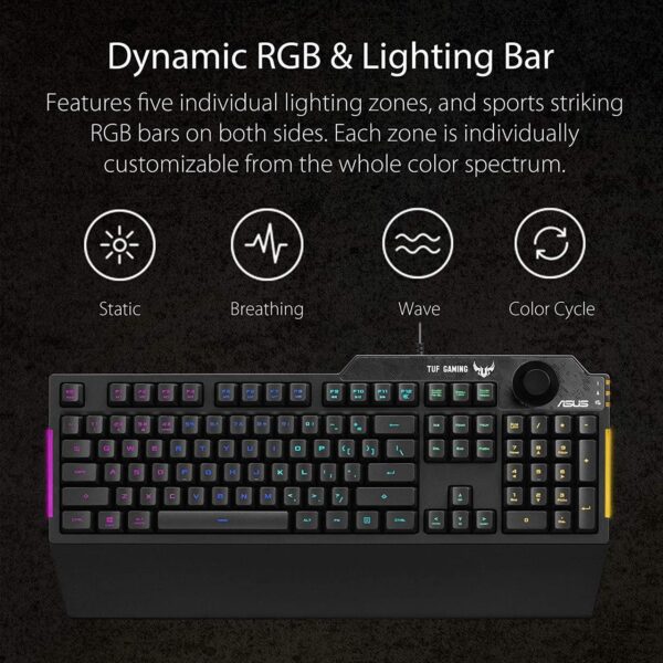 ASUS Membrane Gaming Keyboard for PC - TUF K1 | Programmable, Onboard Memory | Dedicated Volume Knob, Aura Sync RGB & Side Lighting | Detachable Wrist Rest | Spill-Resistant | Highly Durable | Black - Image 4