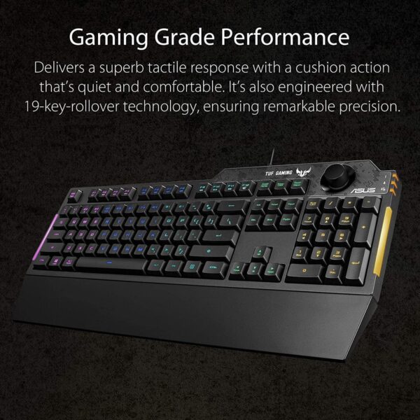 ASUS Membrane Gaming Keyboard for PC - TUF K1 | Programmable, Onboard Memory | Dedicated Volume Knob, Aura Sync RGB & Side Lighting | Detachable Wrist Rest | Spill-Resistant | Highly Durable | Black - Image 3